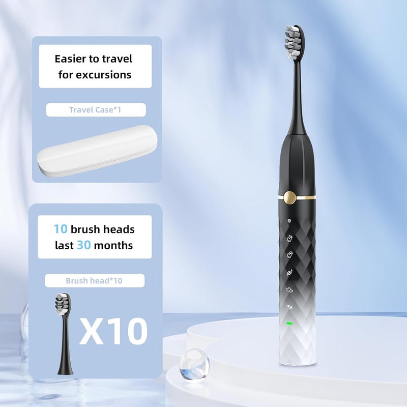 Seapeoa Electric Toothbrush Set, Equipped with 10 Brush Heads and Travel case, IPX8 Waterproof, 2-Minute Timer, 42000 high-Frequency Vibrations, 5 Modes, The First Choice for Gift Giving - Image 2
